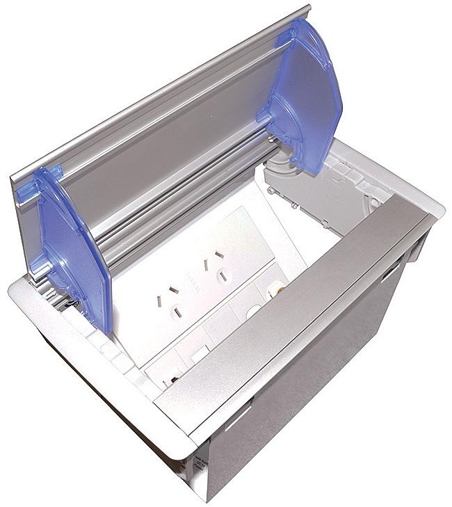 OE Elsafe Axxess QF25 in-desk box with anodised lid, featuring 2 GPO and 4 data cutouts, designed for modern workspaces.